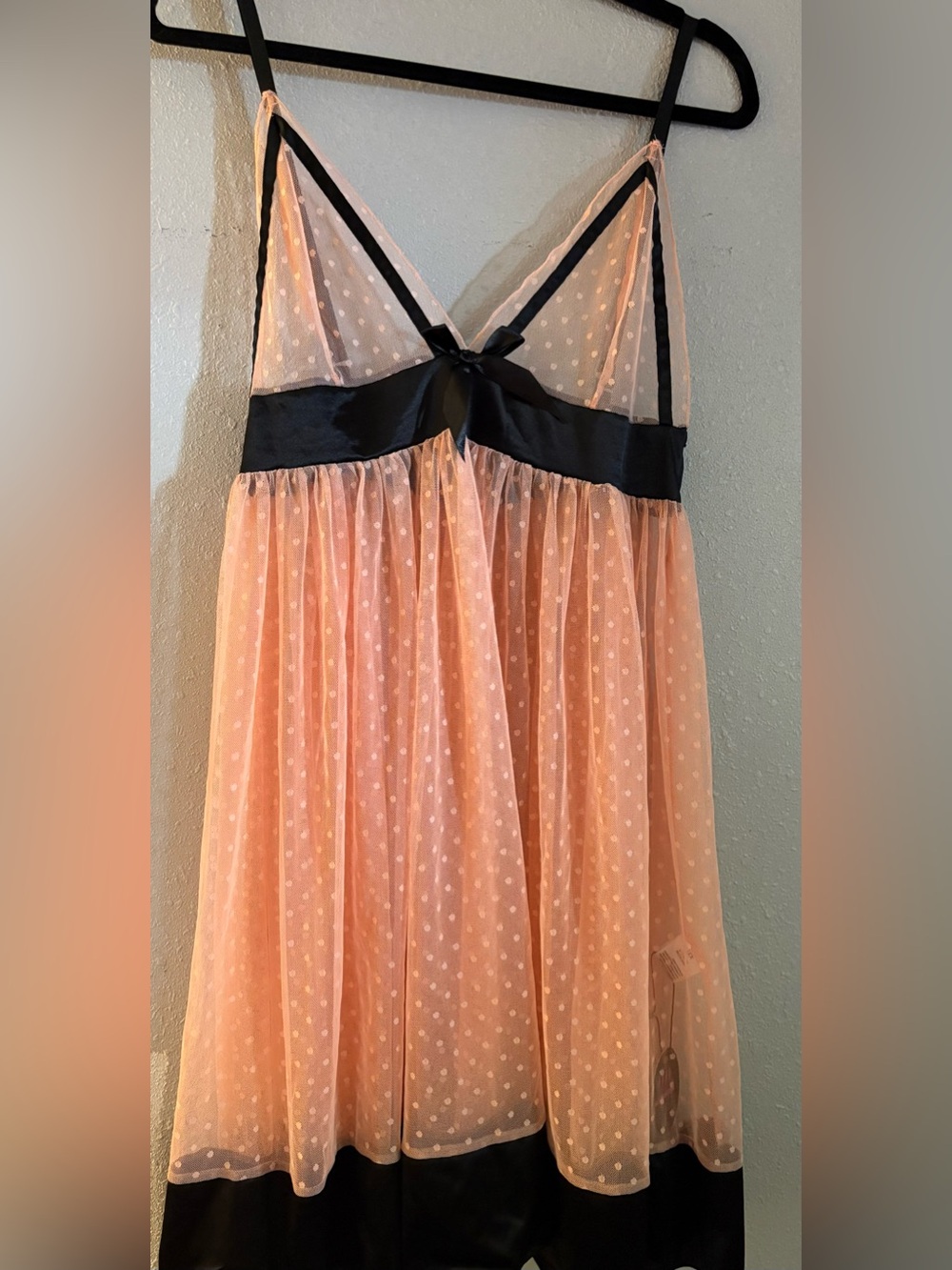 Sheer Lacy Polka Dot Babydoll Nightdress with Black Trim - Peach XXL NWT
